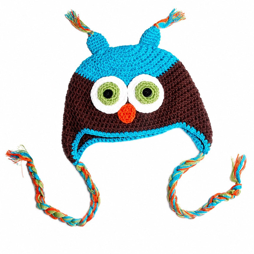 Blue and coffee crochet owl beanie hat for babies, toddlers and kids
