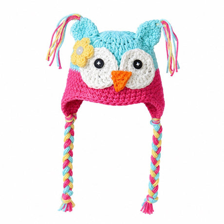 Light blue and rose crochet owl beanie hat for babies, toddlers and kids