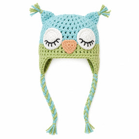 Light blue and light green crochet owl beanie hat for babies, toddlers and kids