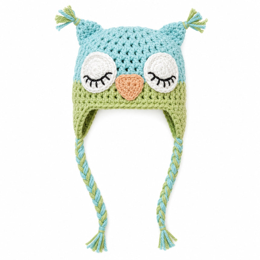 Light blue and light green crochet owl beanie hat for babies, toddlers and kids