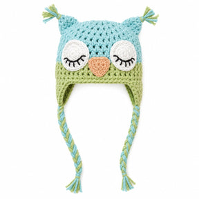 Light blue and light green crochet owl beanie hat for babies, toddlers and kids