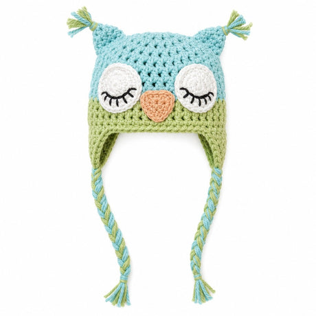 Light blue and light green crochet owl beanie hat for babies, toddlers and kids