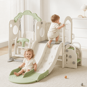 All 4 Kids Willow Double Track Slide & Swing Play Center - toddler climbing the ladder to the twin-track slide