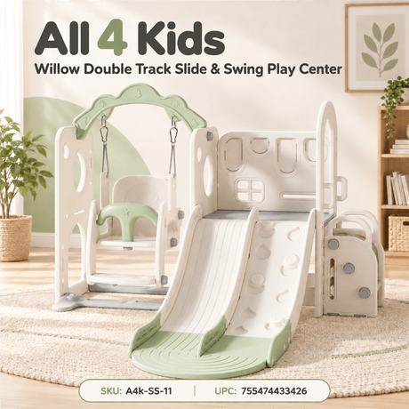 All 4 Kids Willow Double Track Slide & Swing Play Center - toddler indoor/outdoor slide, swing and climbing play centre