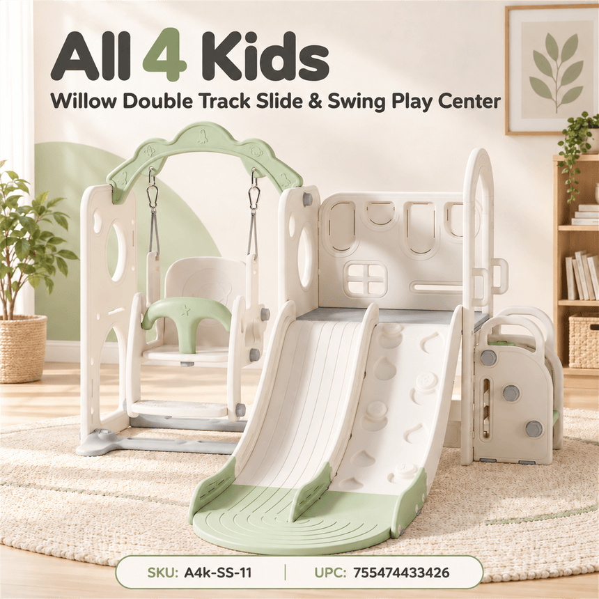 All 4 Kids Willow Double Track Slide & Swing Play Center - toddler indoor/outdoor slide, swing and climbing play centre