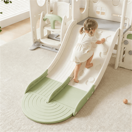 Willow Double Track Slide & Swing Play Center styled in a Scandi-style kids playroom