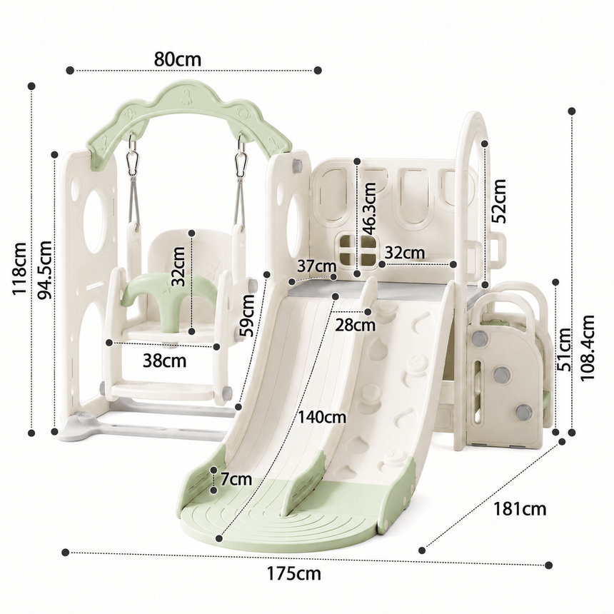 Willow Double Track Slide & Swing Play Center dimensions diagram showing slide, swing and climbing frame measurements