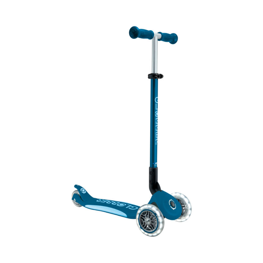 Globber Primo FOLD PLUS LIGHTS Scooter - Petrol Blue / Light Blue