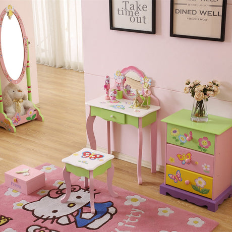 All 4 Kids Layla girls flower vanity set with stool angled view