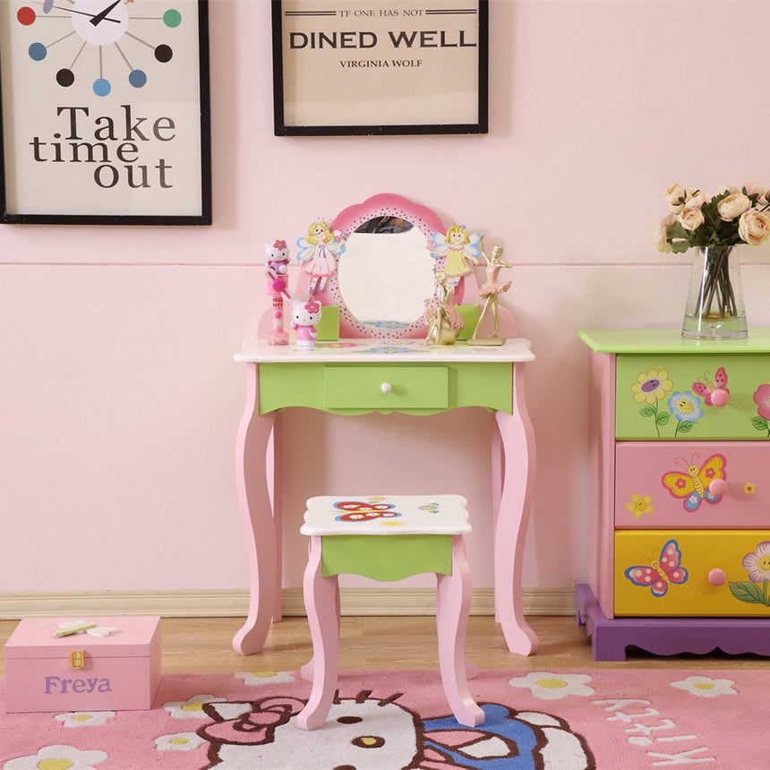 All 4 Kids Layla girls flower vanity set with stool side view