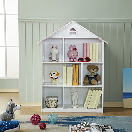 Front view of the Veronica pink roof dollhouse bookcase with six storage compartments