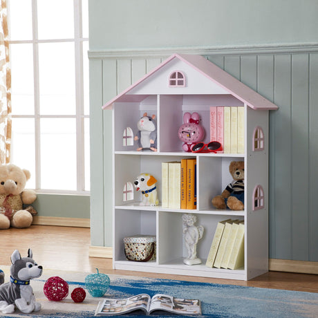 Veronica pink roof dollhouse bookcase styled with books and toys in a kids room