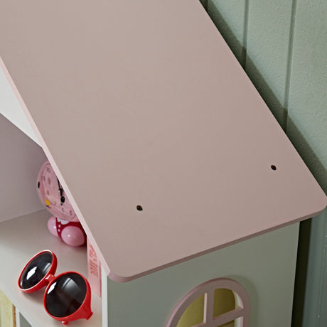 Pink roof close up on the Veronica dollhouse bookcase for kids bedrooms