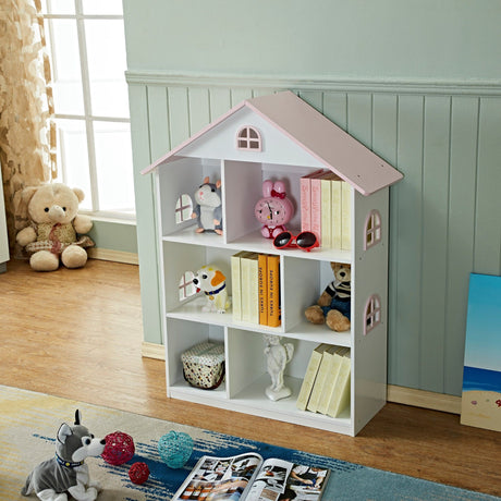 Veronica pink roof dollhouse bookcase shown in a playroom with open storage shelves