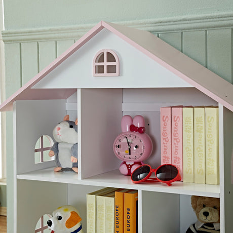 Close up of the pink roof and window detail on the Veronica dollhouse bookcase