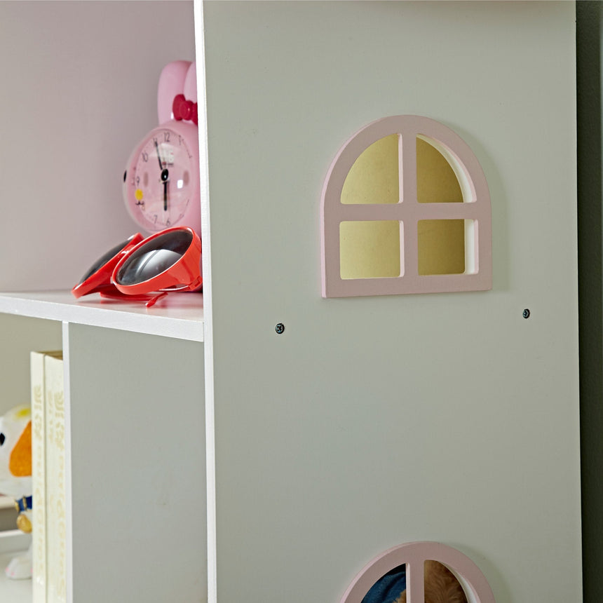 Side window detail on the Veronica pink roof dollhouse bookcase