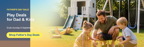 A promotional banner for Father's Day featuring a family playing outdoors in a backyard with a playground set. On the left, large text reads 'FATHER'S DAY SALE', 'Play Deals for Dad & Kids', the end date 'Ends Sunday 6 September', and a yellow button that says 'Shop Father's Day Deals'.
