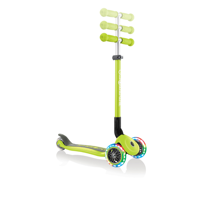 Globber Primo Foldable Scooter with Light and Anodized Tbar - Lime Green/Khaki Green