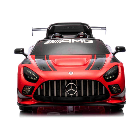 Side view of All 4 Kids BBH-033 Mercedes-Benz AMG GT3 EVO red kids electric ride-on car with black racing stripes