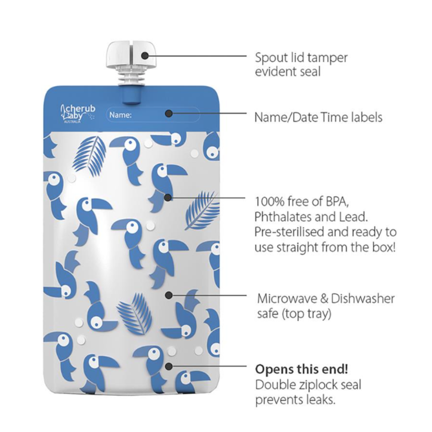 Cherub Baby Re-usable Food Storage Pouch Mini's 10PK Green & Blue