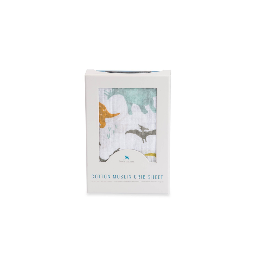 Little Unicorn Muslin Fitted Cot Sheet - Animals - Dino Friends