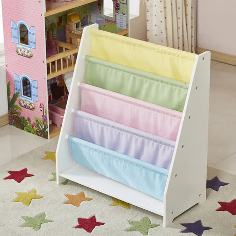 Angled view of the Charlie White kids sling bookcase showing empty pastel yellow, green, pink, purple and blue pockets