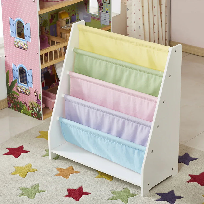Angled view of the Charlie White kids sling bookcase showing empty pastel yellow, green, pink, purple and blue pockets