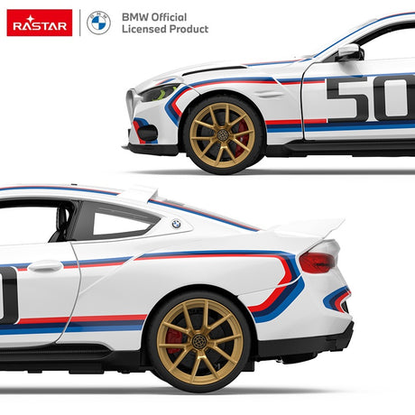 Full product infographic sheet for the Rastar 1:14 BMW 3.0 CSL RC car listing key features including officially licensed BMW styling, working LED headlights and taillights, 4-wheel independent suspension, 1:14 scale, multi-angle studio views, full-function control diagram, and what's-in-the-box contents.
