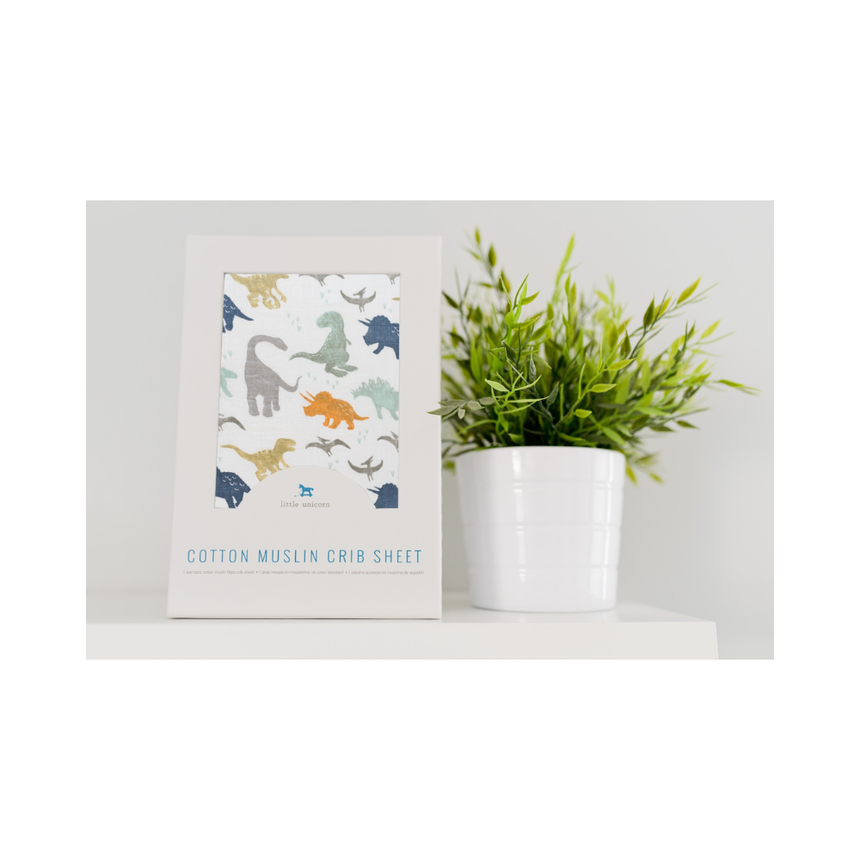 Little Unicorn Muslin Fitted Cot Sheet - Animals - Dino Friends
