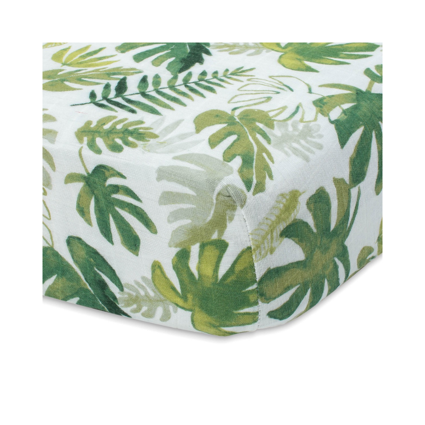 Little Unicorn Muslin Fitted Cot Sheet - Tropical Leaf