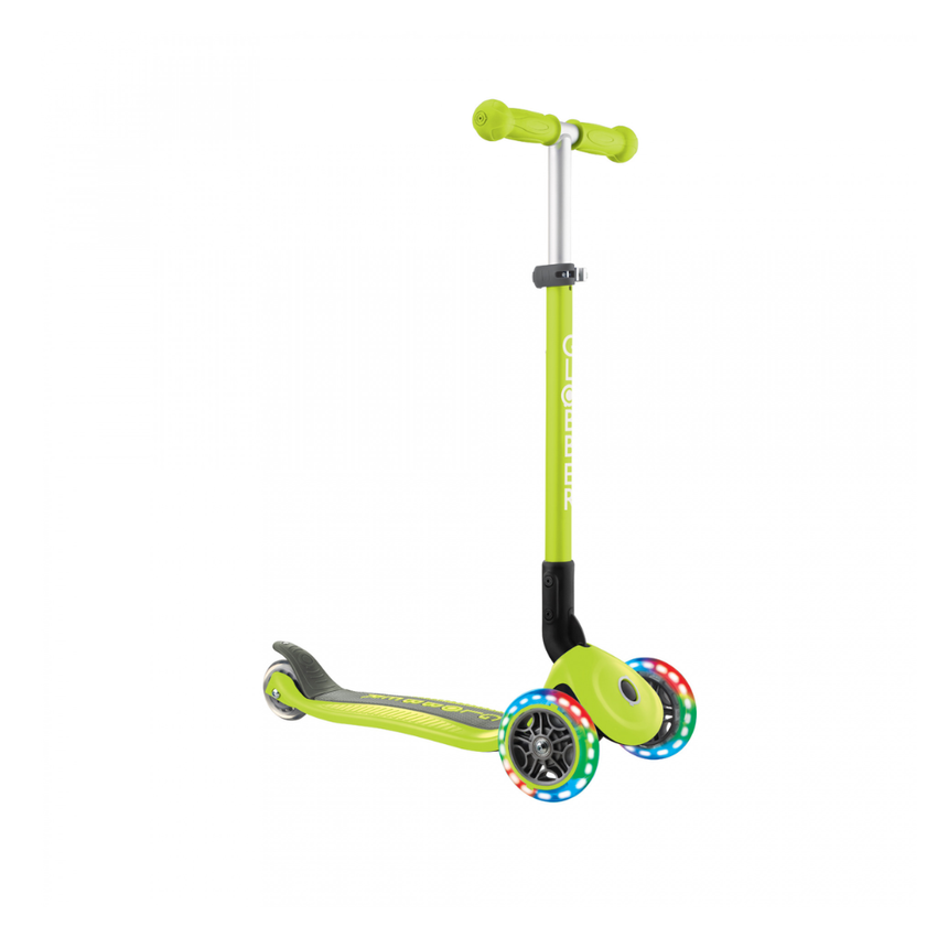 Globber Primo Foldable Scooter with Light and Anodized Tbar - Lime Green/Khaki Green