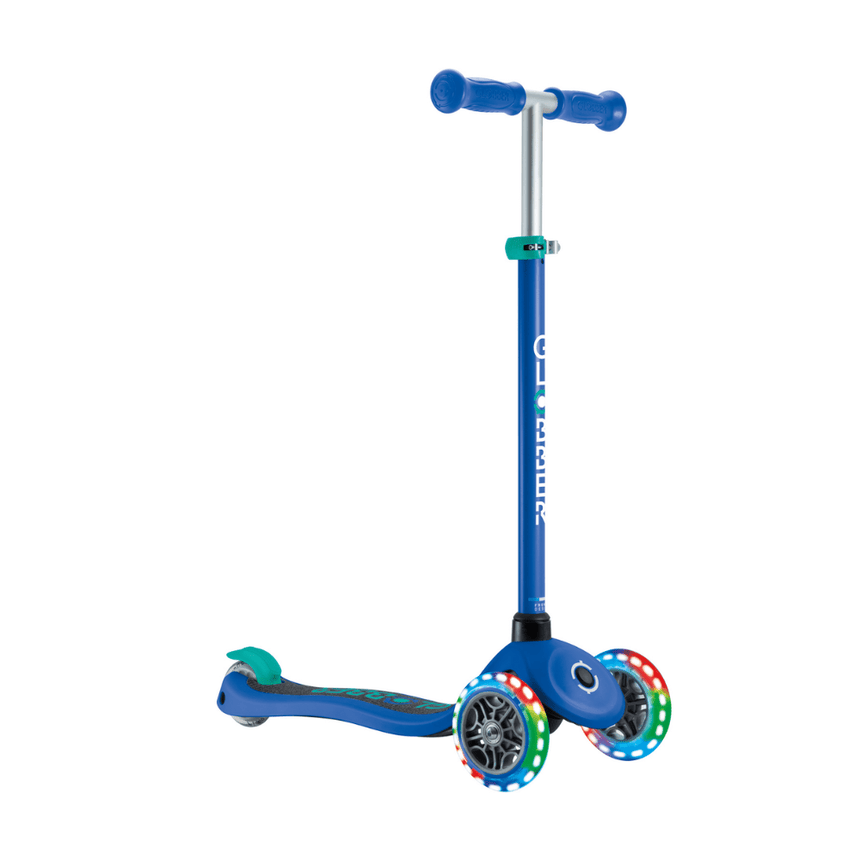 Globber Primo V2 Scooter with Lights and Griptape - Navy Blue/ Emerald Green