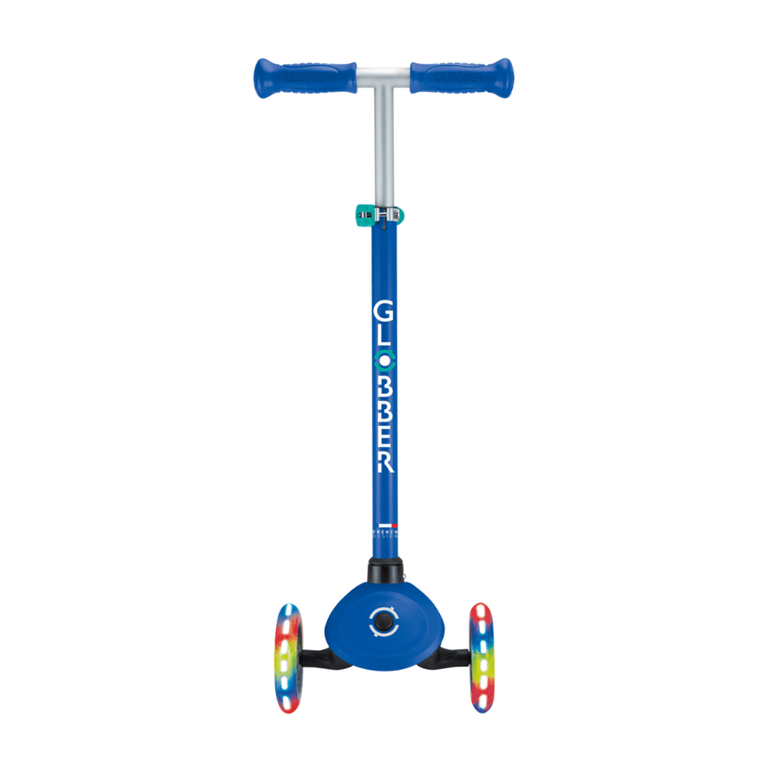 Globber Primo V2 Scooter with Lights and Griptape - Navy Blue/ Emerald Green