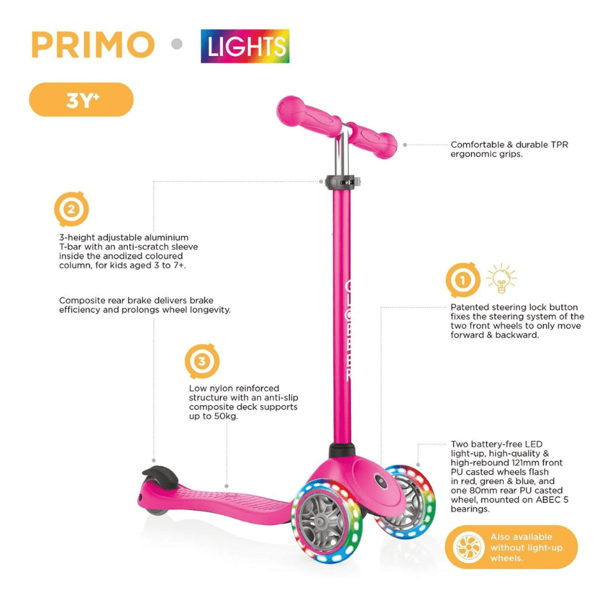 Globber Primo PLUS Scooter with Lights - Fuchsia Pink / Sky Blue
