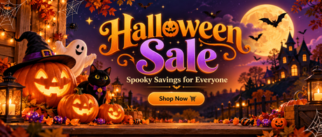 Halloween-themed promotional banner with carved pumpkins, a ghost, a black cat, a haunted house, bats, and large text reading 'Halloween Sale' and 'Spooky Savings for Everyone,' plus a 'Shop Now' button.
