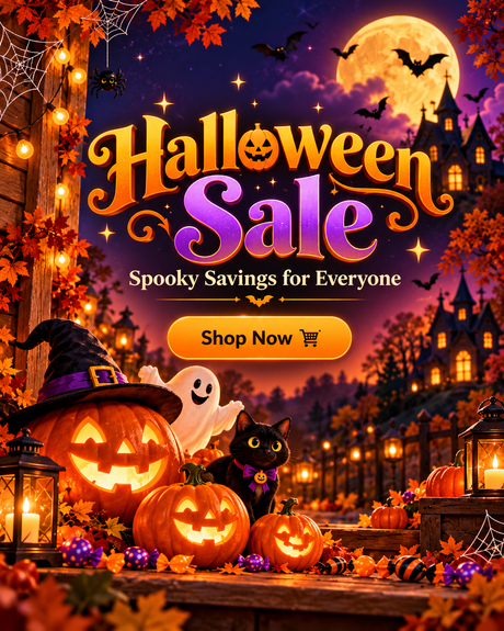 Halloween sale promotional graphic with carved pumpkins, a witch hat, a ghost, a black cat, autumn leaves, lanterns, a haunted house, bats, and a full moon. Large text reads 'Halloween Sale' with 'Spooky Savings for Everyone' and a 'Shop Now' button.