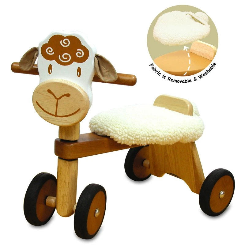 Side view of the I'm Toy Paddie Rider Lambie wooden ride-on sheep