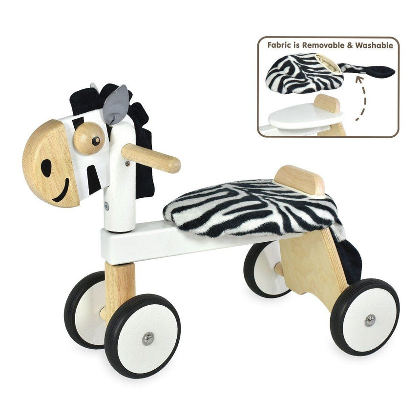 Side view of I'm Toy Style Rider Zebra sustainable rubberwood ride-on toy