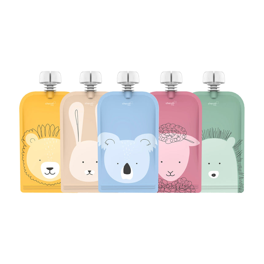 Cherub Baby On The Go Reusable Food Pouch150ml Animal 10pk