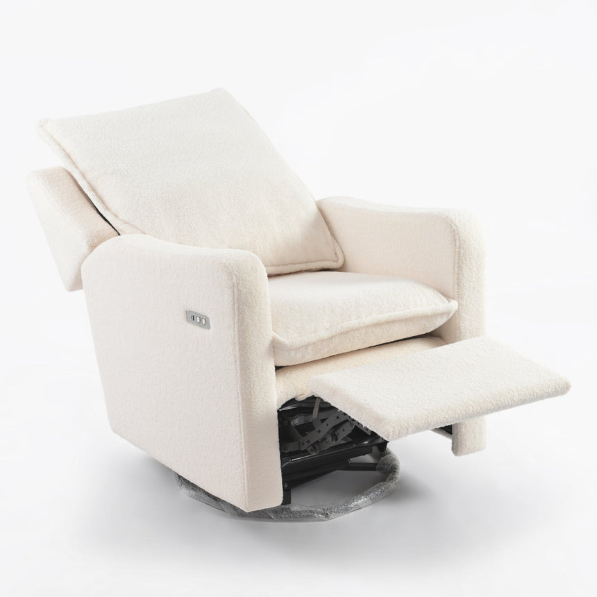 Luna electric nursing chair reclined, side view with footrest raised