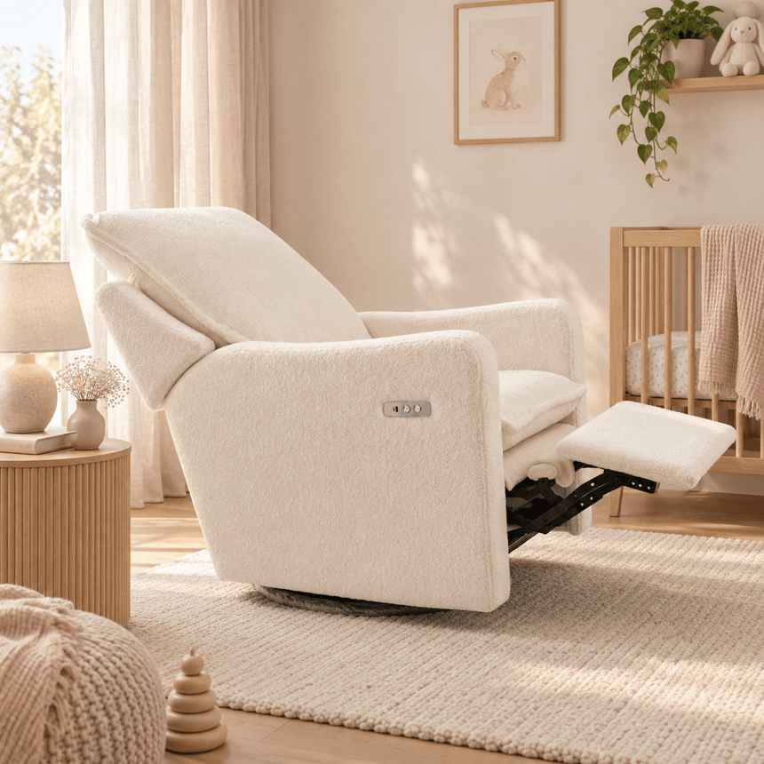 Luna cream linen electric nursing chair reclined in a nursery setting