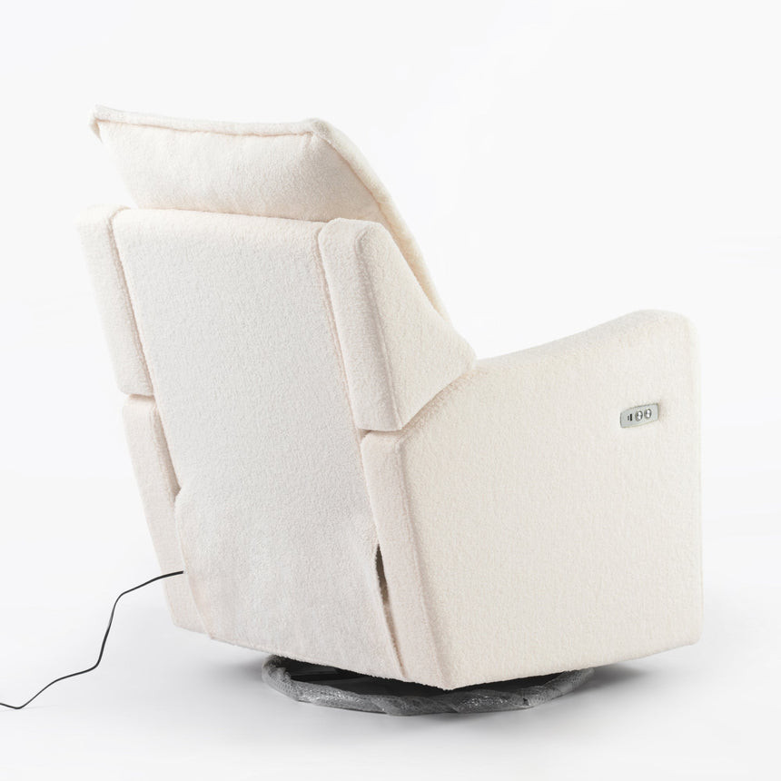 Luna cream linen electric nursing chair seen from behind, showing the control panel on the arm and the power cord
