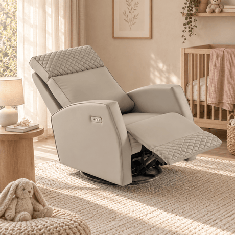Marlo light grey nursery recliner chair reclined in a nursery setting