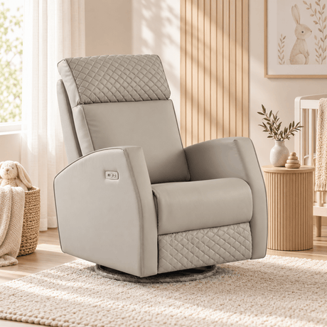 Marlo light grey nursery recliner chair upright in a nursery setting