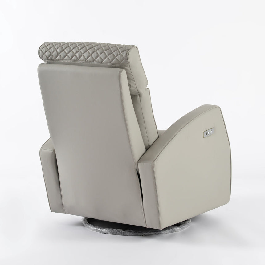 Marlo nursery recliner chair in light grey seen from behind, with a quilted headrest and the arm control panel
