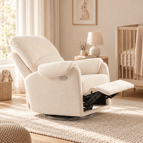 Ivory cream lamb fleece glider recliner reclined in a nursery setting