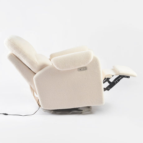 Ivory teddy chair reclined from the side, with the footrest raised and the power cord trailing