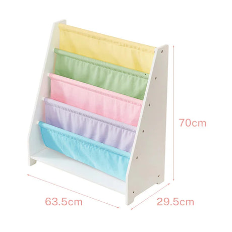 Charlie White kids canvas sling bookcase dimensions: 63.5cm wide, 29.5cm deep and 70cm tall