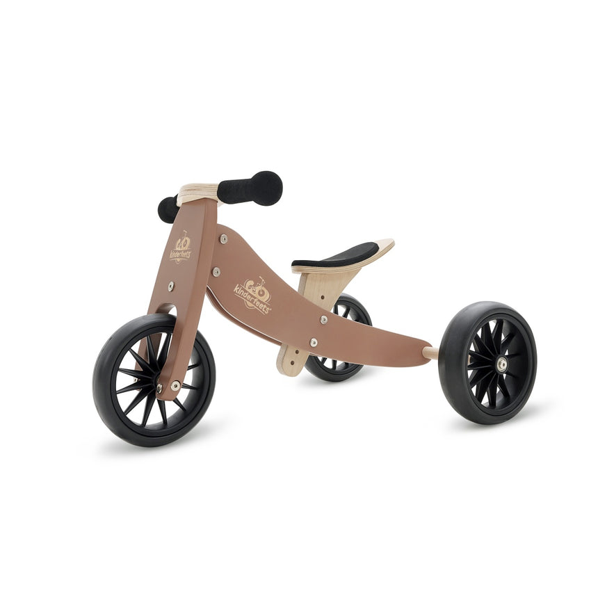 Kinderfeets Tiny Tot Mocha wooden trike with low step-through frame and black EVA wheels