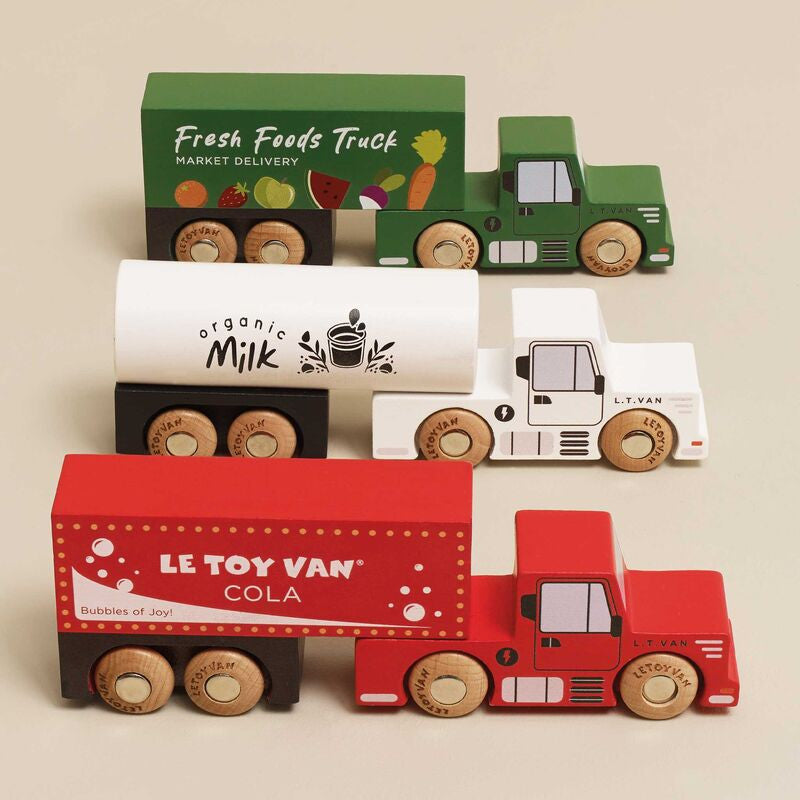 Le Toy Van Wooden Toy Trucks three FSC wood electric trucks with trailers – view 2